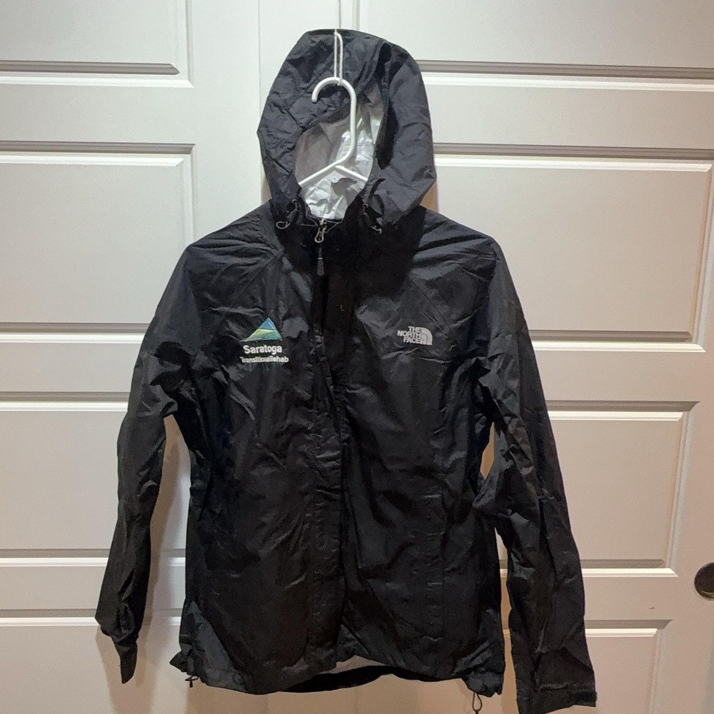 The North Face Jacket Womens XL Black Hooded Rain Coat Saratoga Logo Embroidered